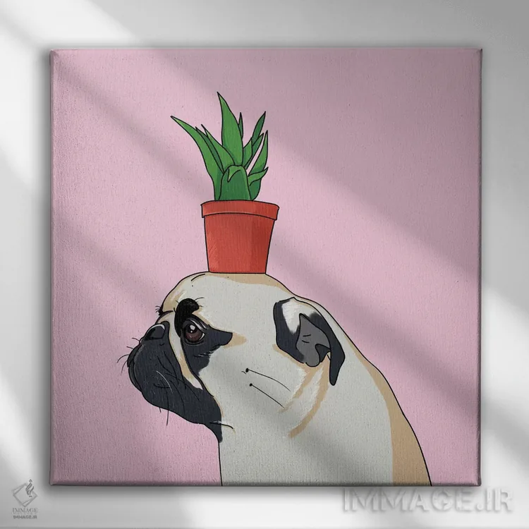 تابلو دکوراتیو پاگ و گلدان گل اثر لاستاناو - نمای روبهرو روی دیوار