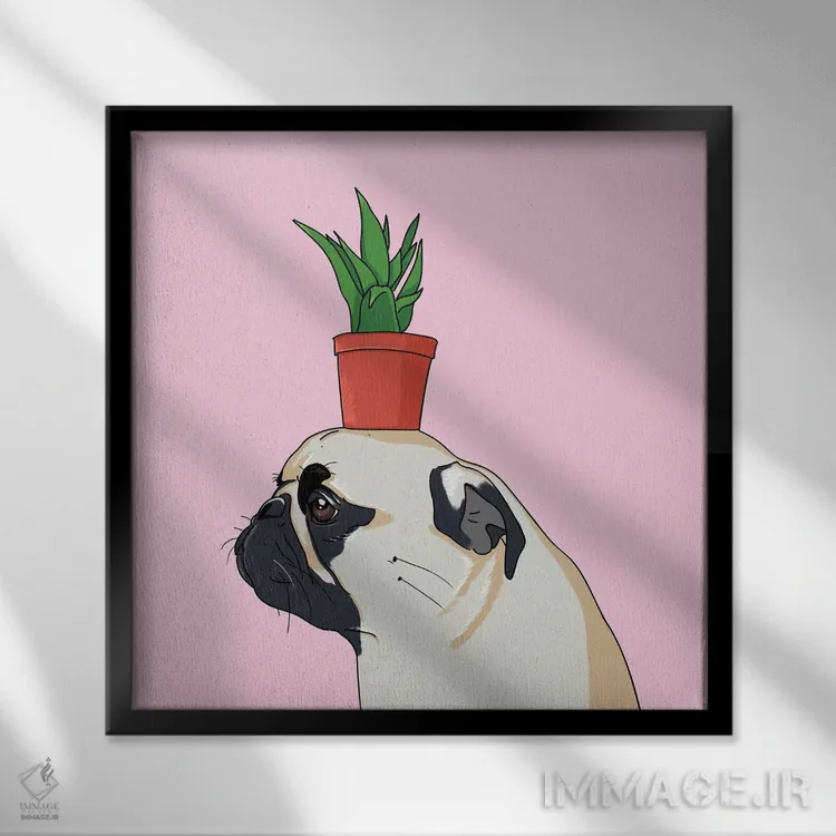 تابلو دکوراتیو پاگ و گلدان گل اثر لاستاناو - نمای قابدار مشکی