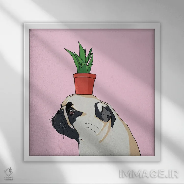 تابلو دکوراتیو پاگ و گلدان گل اثر لاستاناو - نمای قابدار سفید