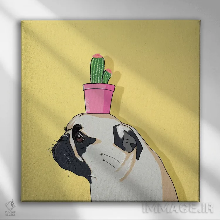 تابلو دکوراتیو پاگ و گلدان کاکتوس اثر لاستاناو - نمای روبهرو روی دیوار