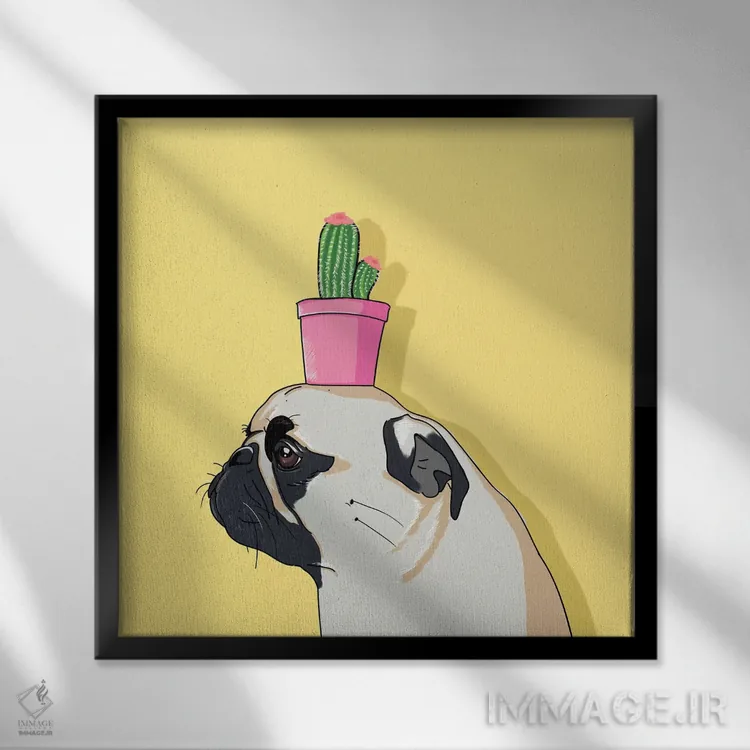 تابلو دکوراتیو پاگ و گلدان کاکتوس اثر لاستاناو - نمای قابدار مشکی