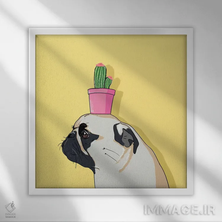 تابلو دکوراتیو پاگ و گلدان کاکتوس اثر لاستاناو - نمای قابدار سفید
