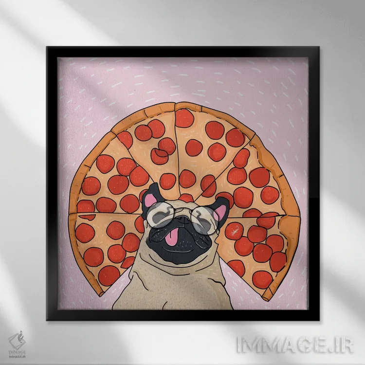 تابلو دکوراتیو نقاشی پاگ و پیتزا اثر لاستاناو - نمای قابدار مشکی