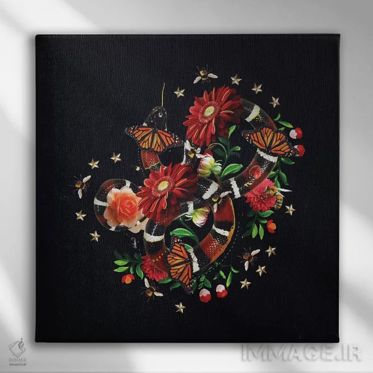 تابلو دکوراتیو مار و گل ها اثر لاستاناو - نمای روبهرو روی دیوار