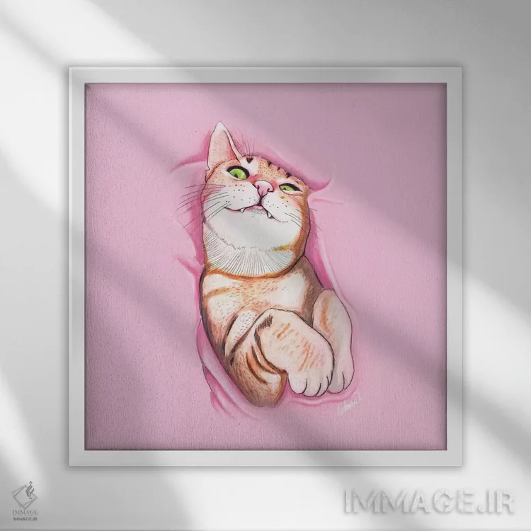 تابلو دکوراتیو گربه شیرین اثر لاستاناو - نمای قابدار سفید