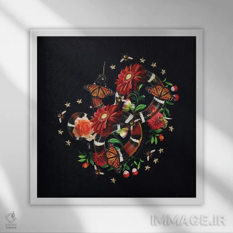 تابلو دکوراتیو مار و گل ها اثر لاستاناو - نمای قابدار سفید