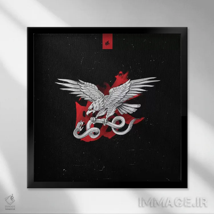 تابلو دکوراتیو تتو عقاب و مار اثر لاستاناو - نمای قابدار مشکی
