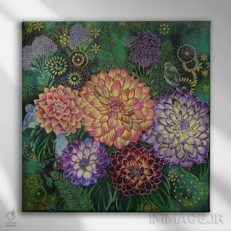 تابلو دکوراتیو روزی با پرنده آبی اثر لینه آ توبیاس - نمای روبهرو روی دیوار