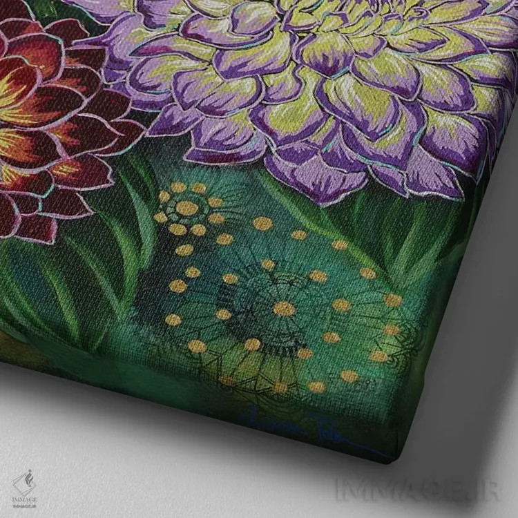 تابلو دکوراتیو روزی با پرنده آبی اثر لینه آ توبیاس - نمای نزدیک بافت بوم