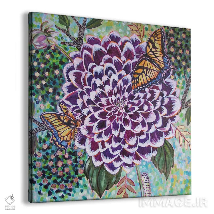 تابلو دکوراتیو داهلیا با پروانه های دم چلچله ای اثر لینه آ توبیاس - نمای پرسپکتیو محصول