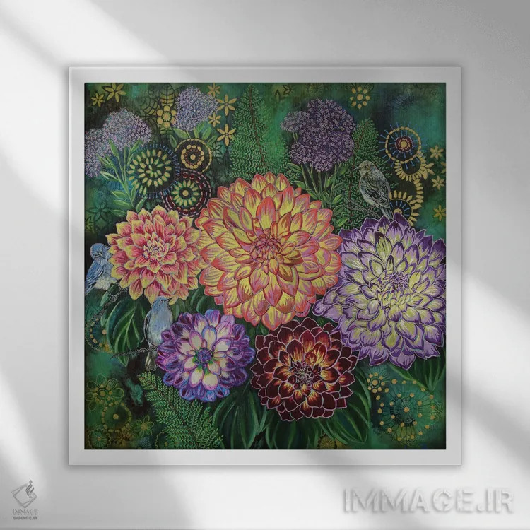 تابلو دکوراتیو روزی با پرنده آبی اثر لینه آ توبیاس - نمای قابدار سفید