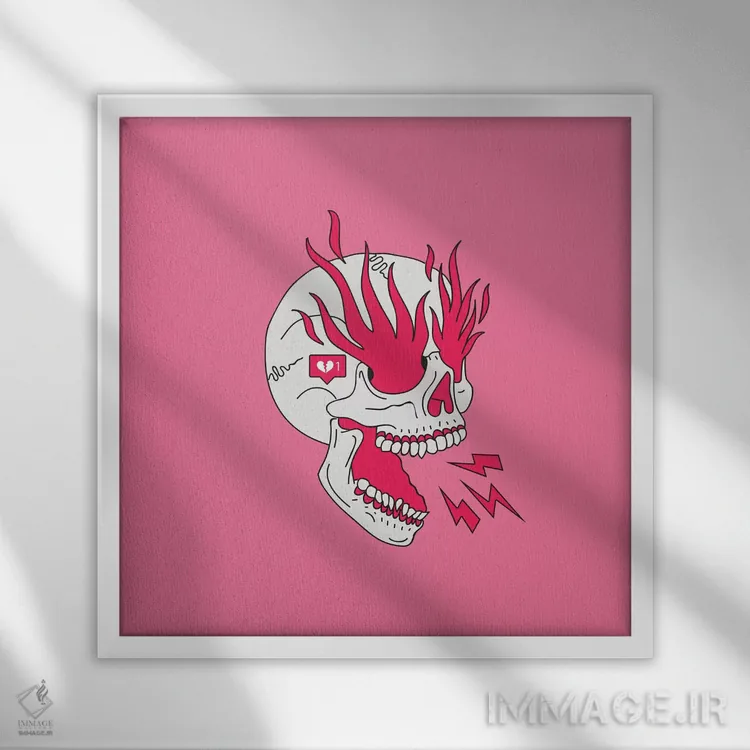 تابلو دکوراتیو تتو کلاسیک جمجمه و شعله ها و دختر اثر لاستاناو - نمای قابدار سفید