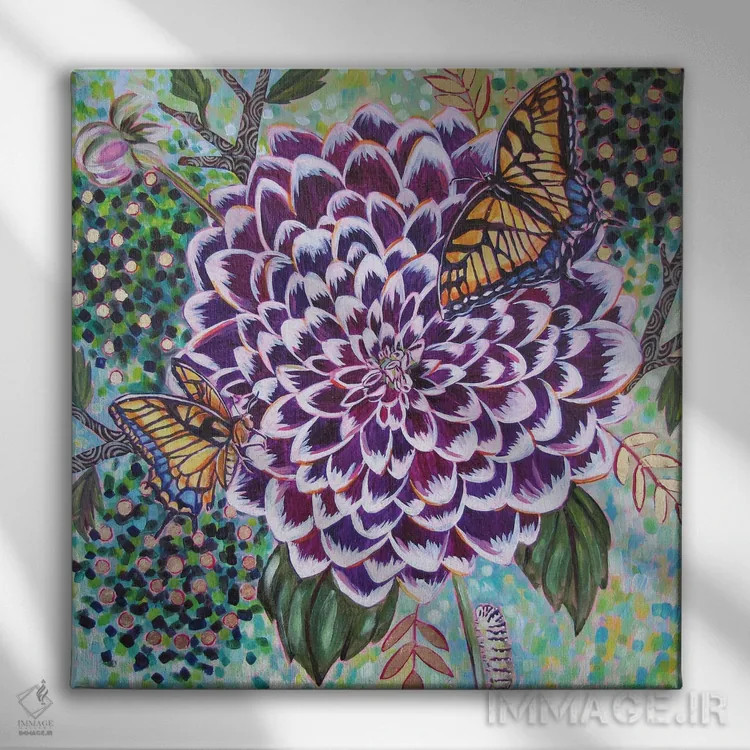 تابلو دکوراتیو داهلیا با پروانه های دم چلچله ای اثر لینه آ توبیاس - نمای روبهرو روی دیوار