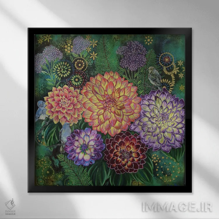 تابلو دکوراتیو روزی با پرنده آبی اثر لینه آ توبیاس - نمای قابدار مشکی