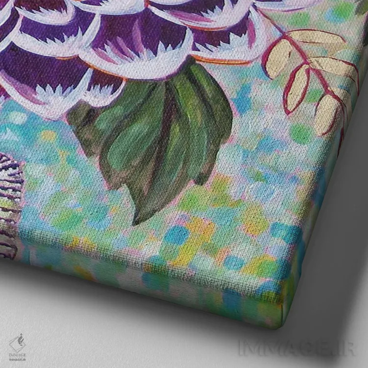 تابلو دکوراتیو داهلیا با پروانه های دم چلچله ای اثر لینه آ توبیاس - نمای نزدیک بافت بوم