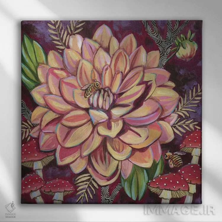 تابلو دکوراتیو داهلیاها با قارچ ها اثر لینه آ توبیاس - نمای روبهرو روی دیوار