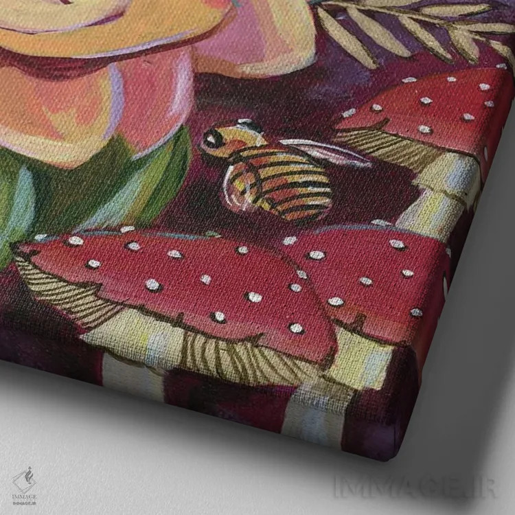 تابلو دکوراتیو داهلیاها با قارچ ها اثر لینه آ توبیاس - نمای نزدیک بافت بوم