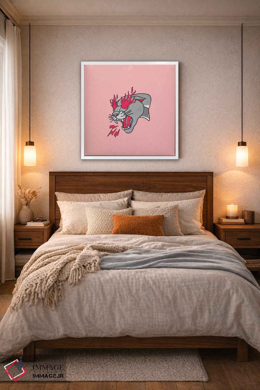 تابلو دکوراتیو تتو کلاسیک پلنگ با شعله ها و رز اثر لاستاناو - D5W