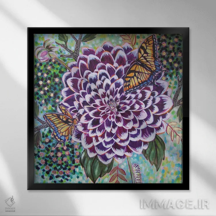 تابلو دکوراتیو داهلیا با پروانه های دم چلچله ای اثر لینه آ توبیاس - نمای قابدار مشکی