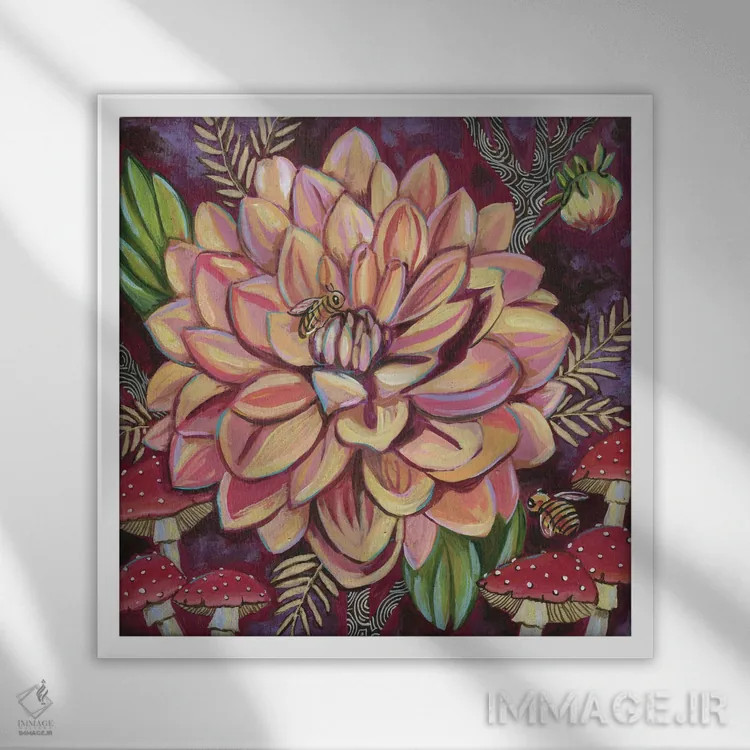 تابلو دکوراتیو داهلیاها با قارچ ها اثر لینه آ توبیاس - نمای قابدار سفید