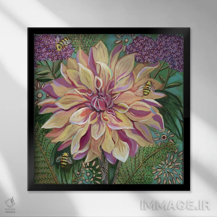 تابلو دکوراتیو داهلیا با گیاه وربنا اثر لینه آ توبیاس - نمای قابدار مشکی