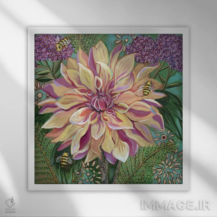 تابلو دکوراتیو داهلیا با گیاه وربنا اثر لینه آ توبیاس - نمای قابدار سفید