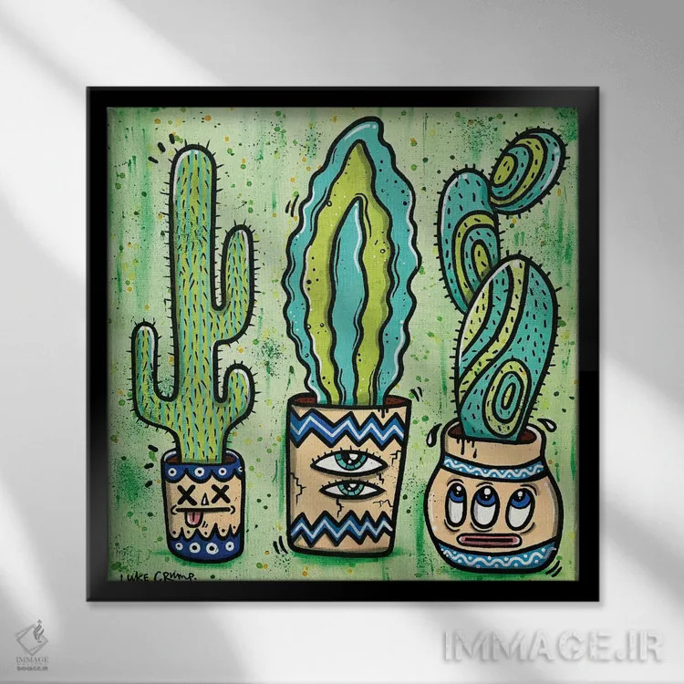 تابلو دکوراتیو سه کاکتوس اثر لوک کرامپ - نمای قابدار مشکی
