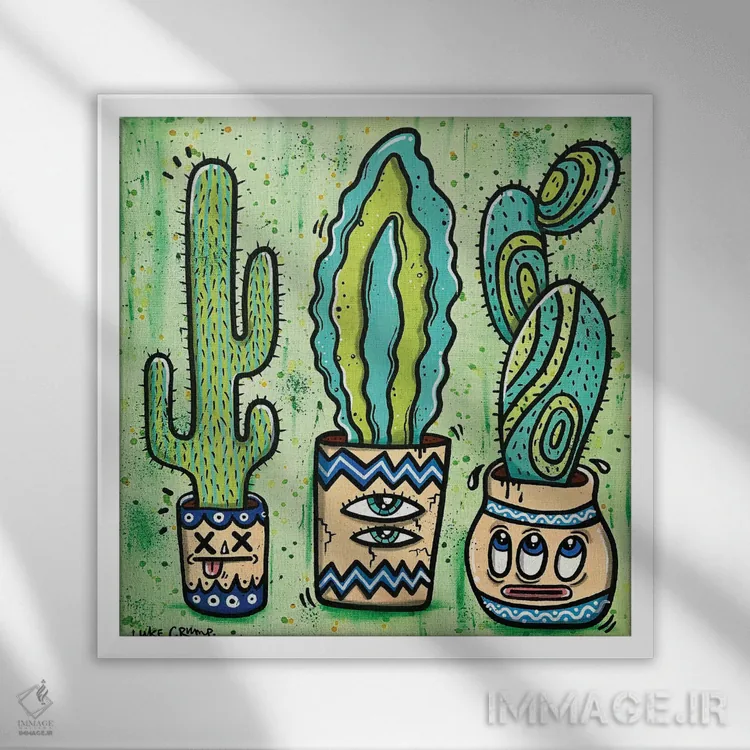 تابلو دکوراتیو سه کاکتوس اثر لوک کرامپ - نمای قابدار سفید