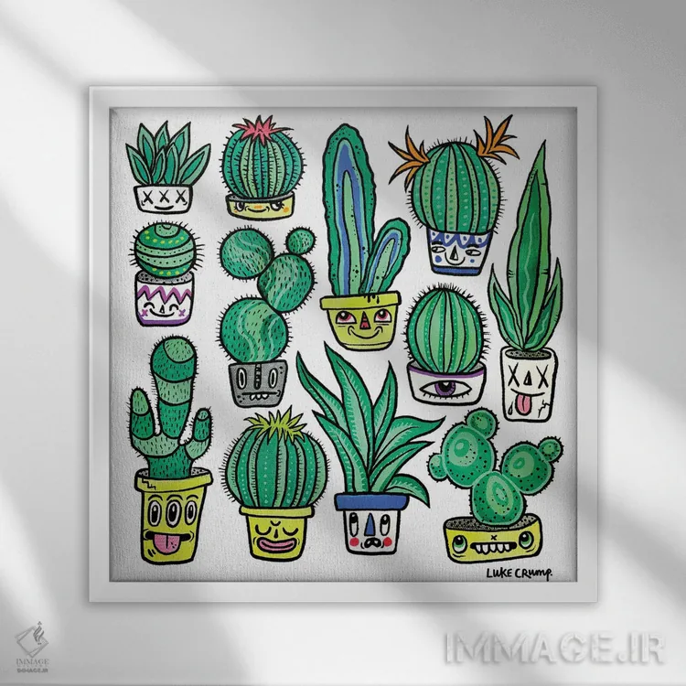 تابلو دکوراتیو سرهای کاکتوسی اثر لوک کرامپ - نمای قابدار سفید