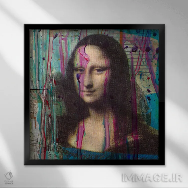 تابلو دکوراتیو مونالیزا در حال چکیدن رنگ اثر لوز گرافیکس - نمای قابدار مشکی