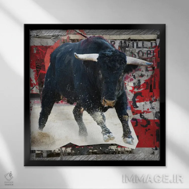 تابلو دکوراتیو گاو وحشی دیوانه اثر لوز گرافیکس - نمای قابدار مشکی