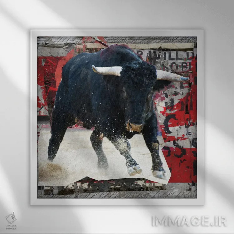 تابلو دکوراتیو گاو وحشی دیوانه اثر لوز گرافیکس - نمای قابدار سفید