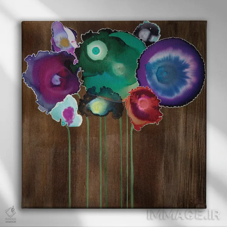 تابلو انتزاعی دسته گل بهاری یک اثر لورا ون هورن - نمای روبهرو روی دیوار
