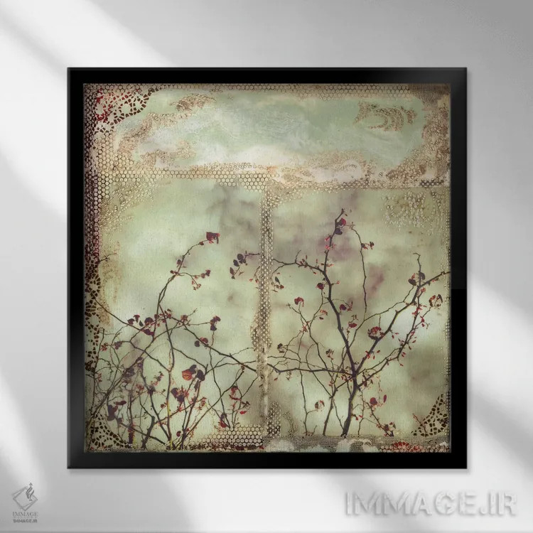 تابلو انتزاعی برگ قرمز اثر لورا ون هورن - نمای قابدار مشکی