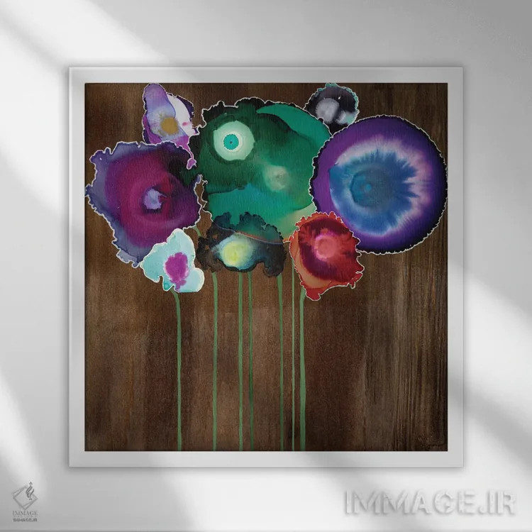 تابلو انتزاعی دسته گل بهاری یک اثر لورا ون هورن - نمای قابدار سفید