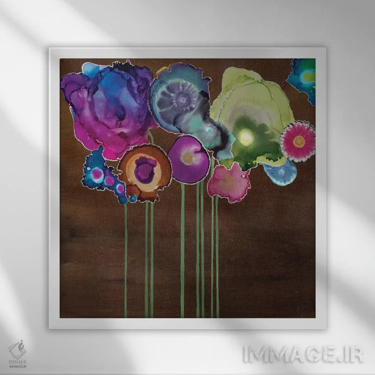 تابلو انتزاعی دسته گل بهاری دو اثر لورا ون هورن - نمای قابدار سفید