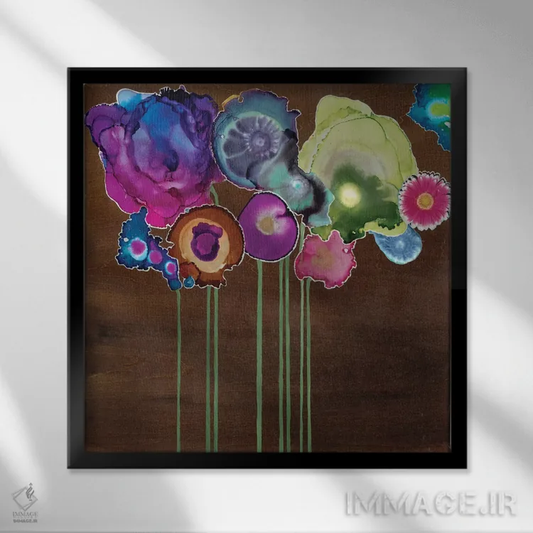 تابلو انتزاعی دسته گل بهاری دو اثر لورا ون هورن - نمای قابدار مشکی