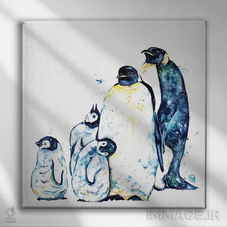 تابلو دکوراتیو خانواده پنگوئن اثر لیزا وایت هاوس - نمای روبهرو روی دیوار
