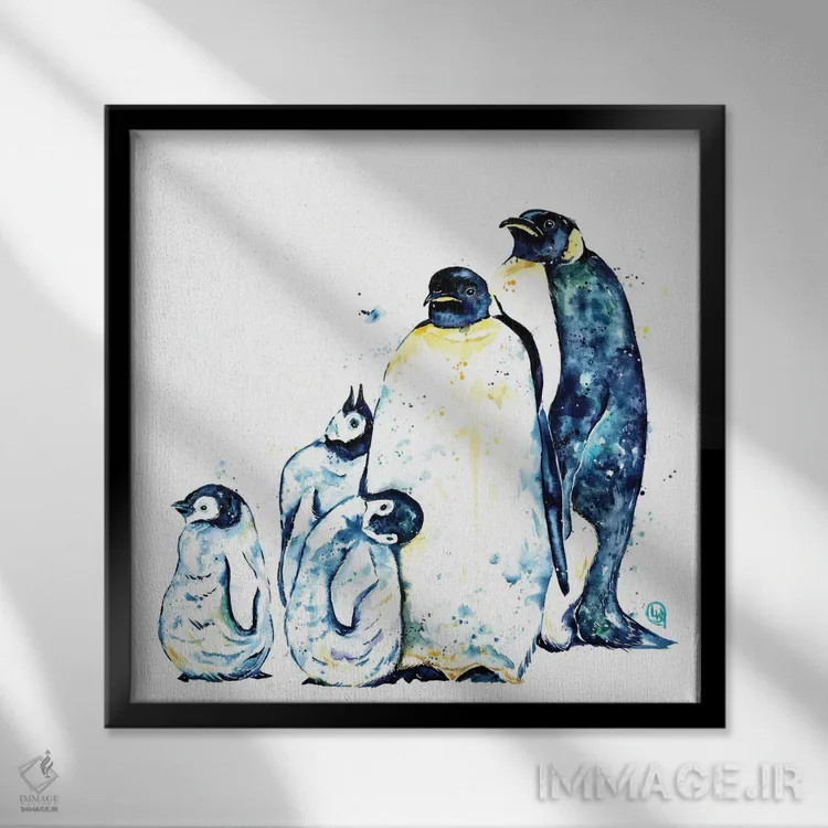 تابلو دکوراتیو خانواده پنگوئن اثر لیزا وایت هاوس - نمای قابدار مشکی
