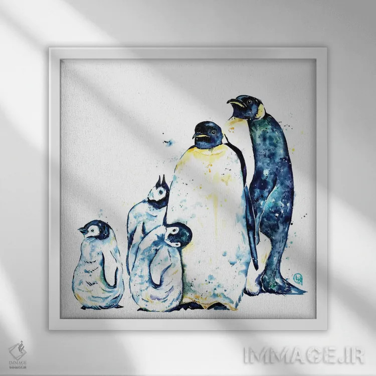تابلو دکوراتیو خانواده پنگوئن اثر لیزا وایت هاوس - نمای قابدار سفید