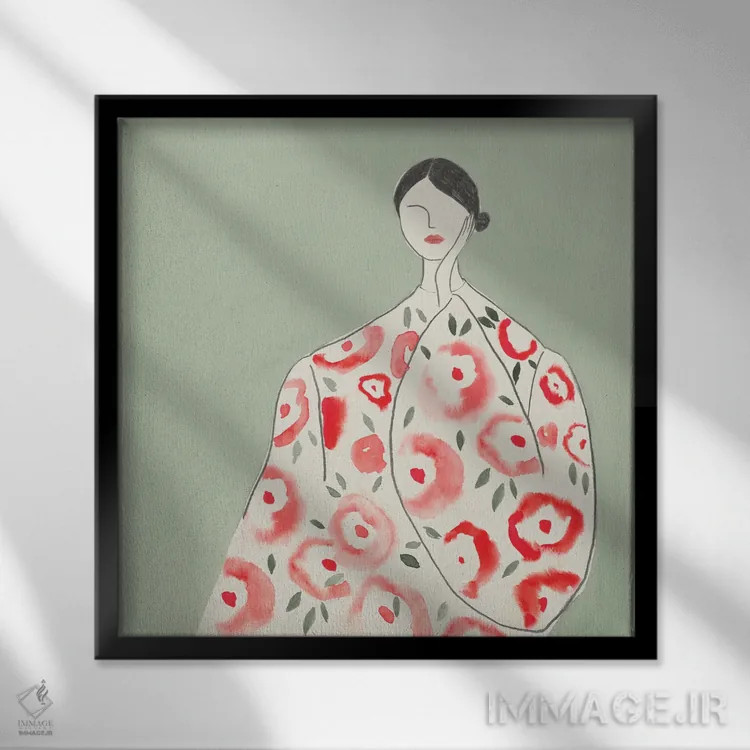 تابلو مینیمال زن گل دار I اثر لیلی کی - نمای قابدار مشکی