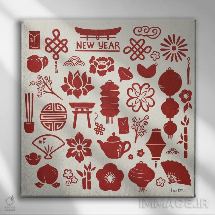 تابلو دکوراتیو نمادهای سال اژدها اثر لیا یورک - نمای روبهرو روی دیوار