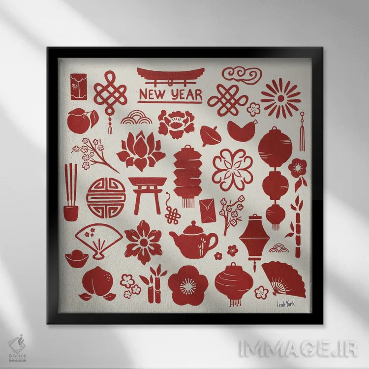 تابلو دکوراتیو نمادهای سال اژدها اثر لیا یورک - نمای قابدار مشکی