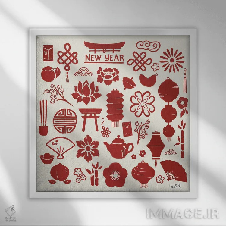 تابلو دکوراتیو نمادهای سال اژدها اثر لیا یورک - نمای قابدار سفید