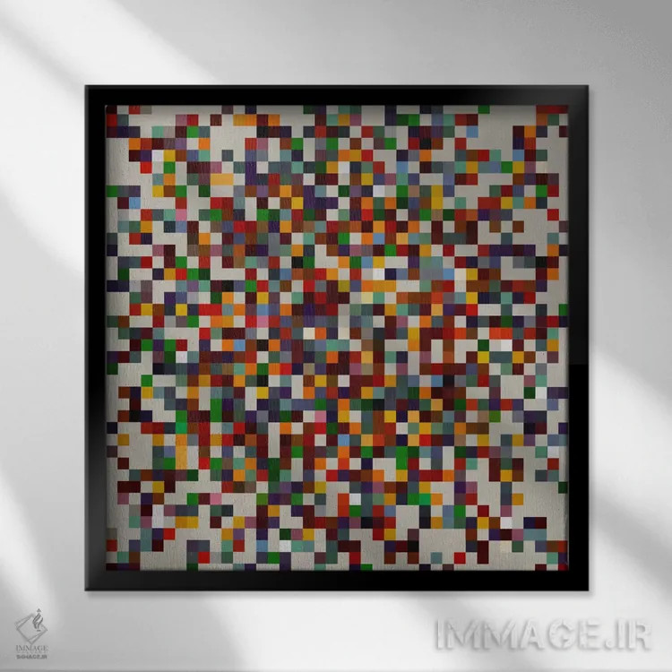 تابلو انتزاعی هنر مدرن - خوشه کاشی پیکسلی رنگارنگ اثر فایو بای فایو کالکتیو - نمای قابدار مشکی