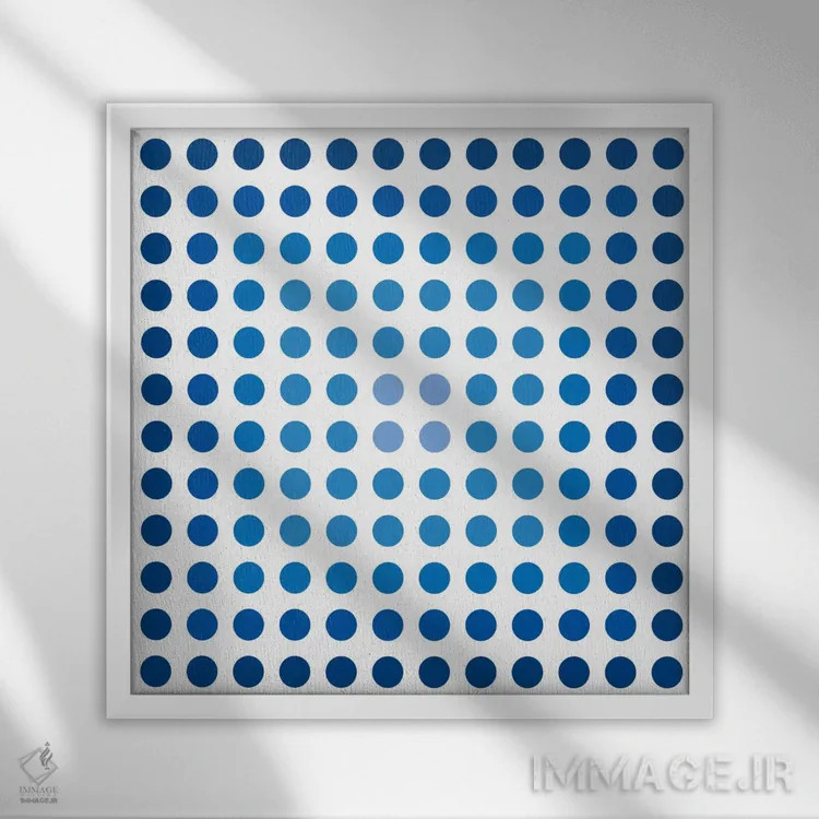 تابلو مینیمال هنر مدرن - نقطه های سرمه ای کمرنگ اثر فایو بای فایو کالکتیو - نمای قابدار سفید