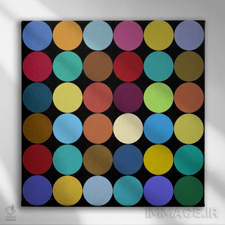تابلو انتزاعی هنر مدرن - نقطه های نه رنگ اثر فایو بای فایو کالکتیو - نمای روبهرو روی دیوار