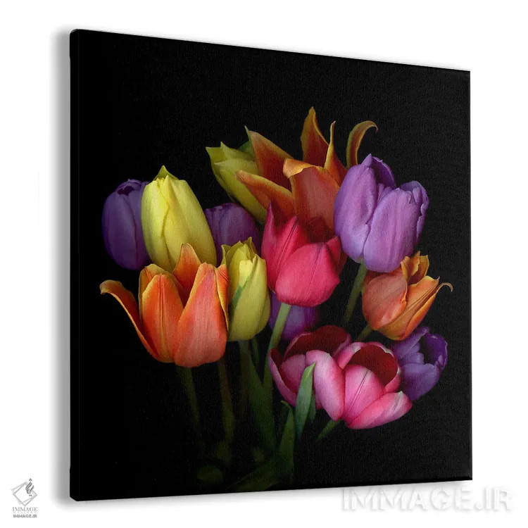 تابلو دکوراتیو دسته گل لاله های نارنجی، زرد، بنفش و صورتی اثر مگدا ایندیگو - نمای پرسپکتیو محصول