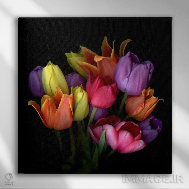 تابلو دکوراتیو دسته گل لاله های نارنجی، زرد، بنفش و صورتی اثر مگدا ایندیگو - نمای روبهرو روی دیوار