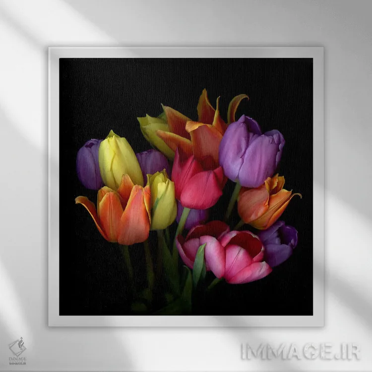 تابلو دکوراتیو دسته گل لاله های نارنجی، زرد، بنفش و صورتی اثر مگدا ایندیگو - نمای قابدار سفید